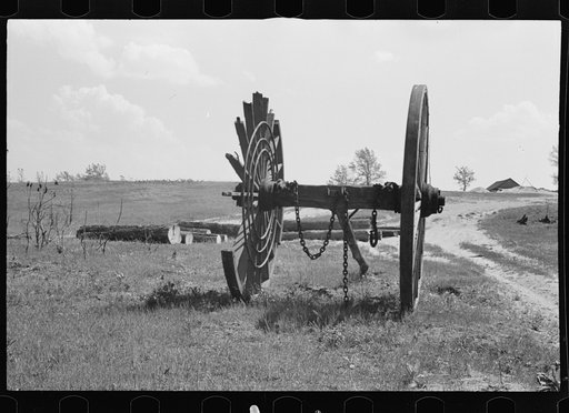 Giant wheels ten feet in diameter, once used for carrying logs to sawmill, Michigan