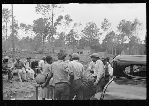 Untitled photo, possibly related to: Negro workmen having lunch, Newport News Homesteads, Virginia