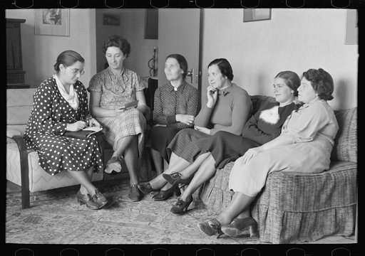 Board of directors of Jersey Homesteads consumers club, left to right, Mrs. Katzenellenbogen, Mr. Abraham Garber, Mrs. Boris Drasin, Mrs. Nathan Green, Mrs. Abe Lipsky, Mrs. Rudolph Olsen. Hightstown, New Jersey