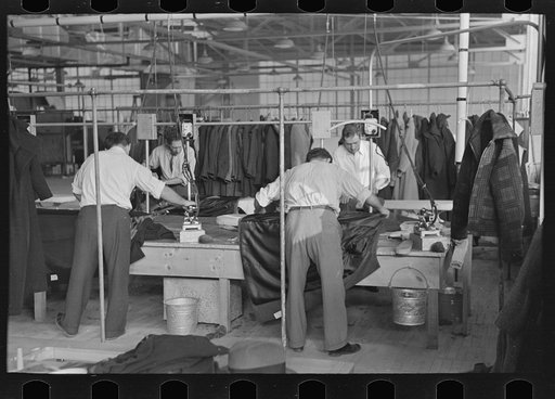 Pressers of work on women's coats in the cooperative garment factory at Jersey Homesteads, Hightstown, New Jersey