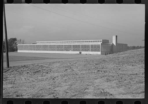 The garment factory at Jersey Homesteads. It is constructed of steel, glass and concrete and is airconditioned. It is credited with being the most modern factory for needlework on the Atlantic Seaboard, Hightstown, New Jersey