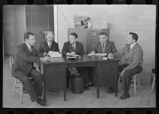 Untitled photo, possibly related to: A meeting of the industrial committee, Jersey Homesteads Hightstown, New Jersey