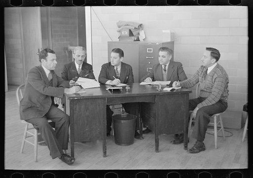 Untitled photo, possibly related to: A meeting of the industrial committee, Jersey Homesteads Hightstown, New Jersey