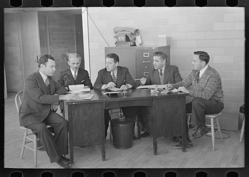 Untitled photo, possibly related to: A meeting of the industrial committee, Jersey Homesteads Hightstown, New Jersey