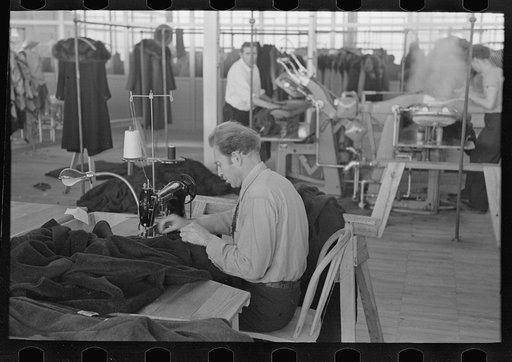 Boris Drasin, president of the workers' Aim Association Inc., works as an operator in the garment factory at a wage no greater than is paid to other operators. Hightstown, New Jersey