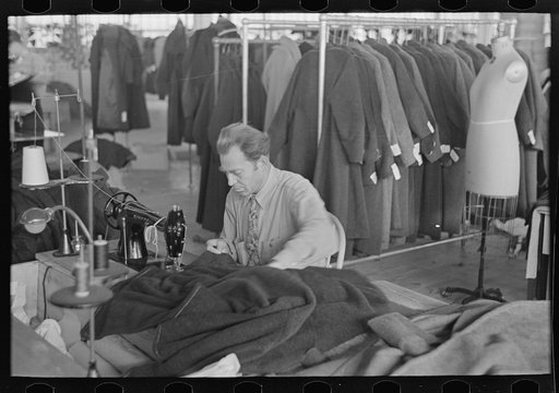 Boris Drasin, president of the workers' Aim Association Inc., works as an operator in the garment factory at a the same wage as the other operators. Hightstown, New Jersey