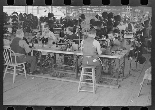 Untitled photo, possibly related to: Making hats at the cooperative garment factory at Jersey Homesteads, Hightstown, New Jersey