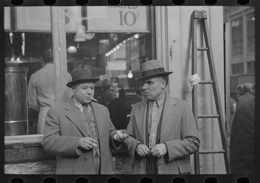 Untitled photo, possibly related to: Two men in conversation, 7th Avenue near 38th Street, New York City