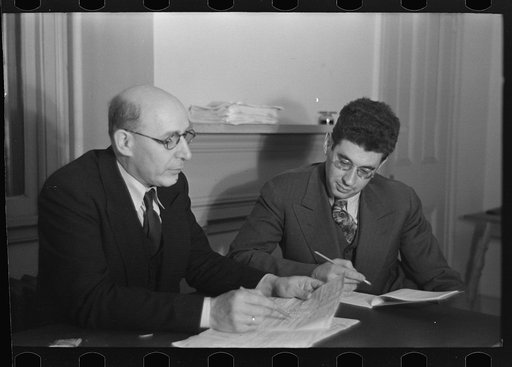 Untitled photo, possibly related to: Samuel J. Finkler and his assistant, Harry Glanz. They are in charge of family selection at Jersey Homesteads, New Jersey