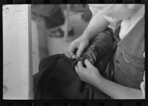 Untitled photo, possibly related to: Tailor cutting cloth, Jersey Homesteads factory, Hightstown, New Jersey