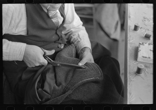 Tailor cutting cloth, Jersey Homesteads factory, Hightstown, New Jersey
