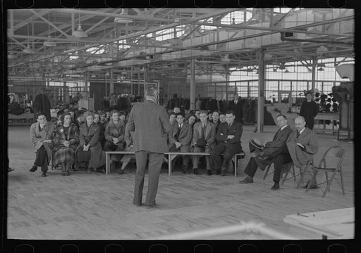 Director of information, Jersey Homesteads, speaking to visitors of the factory, Hightstown, New Jersey