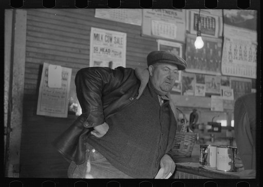 Type of stock farmer at weighing-in room, stockyards, Aledo, Illinois