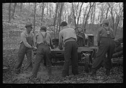 Untitled photo, possibly related to: Farmers sawing wood for fuel in timber near Aledo, Illinois