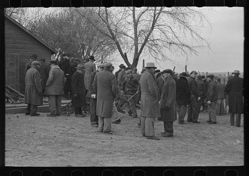 Untitled photo, possibly related to: Farmers on front of lunch shed, country auction, Aledo, Illinois