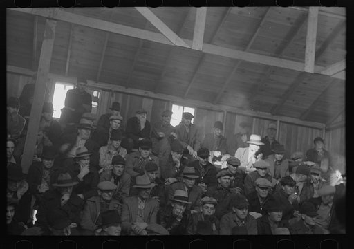 Untitled photo, possibly related to: Farmers sitting inside sales ring of livestock sales hall Ames, Iowa