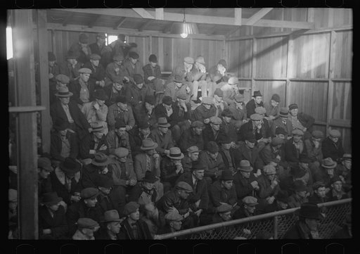 Farmers in gallery of livestock sales hall, Ames, Iowa