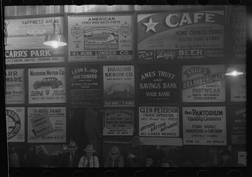 Advertising displays at livestock hall, Ames, Iowa