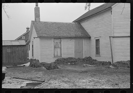 Part of house on Russell Natterstad farm showing necessity for banking foundation with manure. The cellarway is also filled with manure