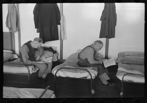 Untitled photo, possibly related to: Men reading in dormitory, homeless men's bureau, Sioux City, Iowa