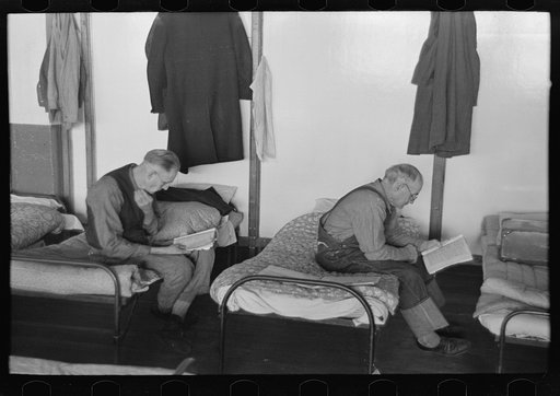 Men reading in dormitory, homeless men's bureau, Sioux City, Iowa