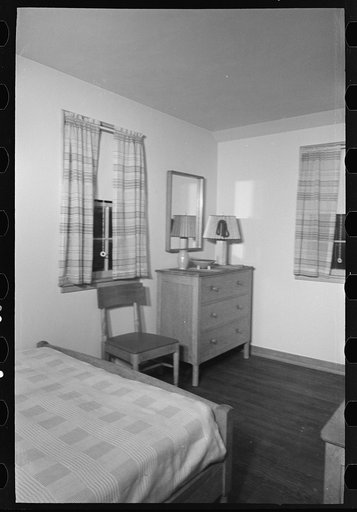 Untitled photo, possibly related to: Bedroom in the model house at Greendale, Wisconsin