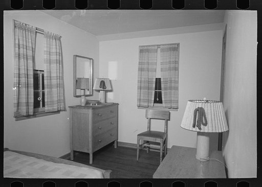 Untitled photo, possibly related to: Bedroom in the model house at Greendale, Wisconsin