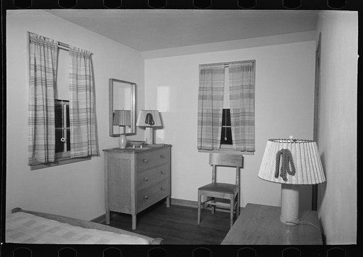 Untitled photo, possibly related to: Bedroom in the model house at Greendale, Wisconsin