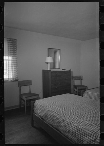 Untitled photo, possibly related to: Bedroom in the model house at Greendale, Wisconsin