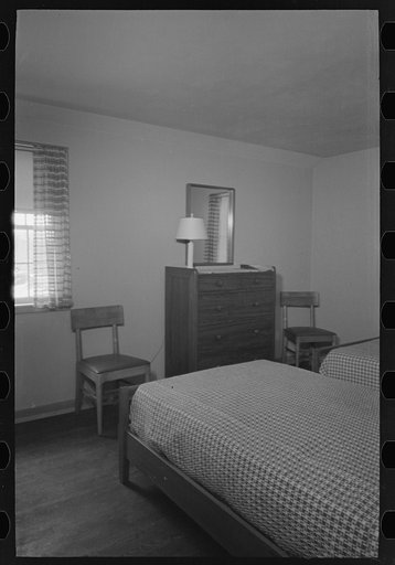 Untitled photo, possibly related to: Bedroom in the model house at Greendale, Wisconsin