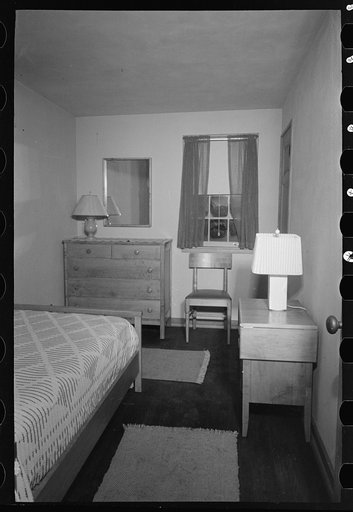 Untitled photo, possibly related to: Bedroom in the model house at Greendale, Wisconsin