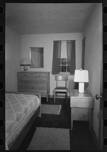 Untitled photo, possibly related to: Bedroom in the model house at Greendale, Wisconsin
