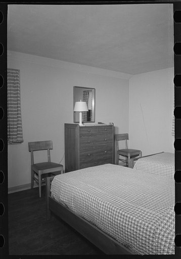 Untitled photo, possibly related to: Bedroom in the model house at Greendale, Wisconsin