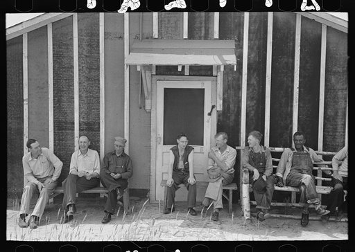 Resettlement workers in front of camp building, Black River Falls Land Use Project, Wisconsin