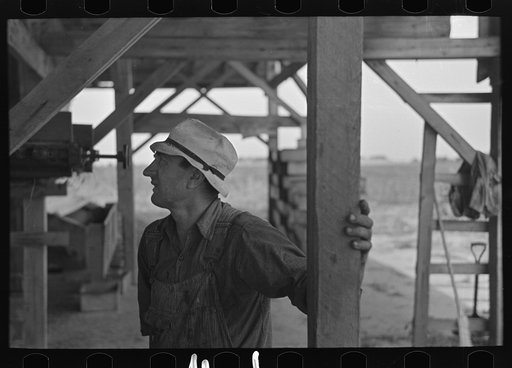 Untitled photo, possibly related to: Workers at pea vinery talking, near Sun Prairie, Wisconsin