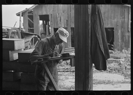 Untitled photo, possibly related to: Workers at pea vinery talking, near Sun Prairie, Wisconsin