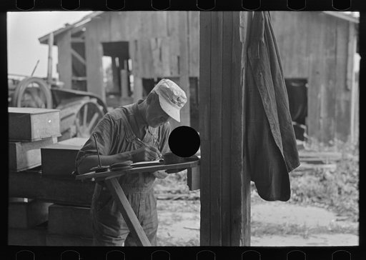 Untitled photo, possibly related to: Workers at pea vinery talking, near Sun Prairie, Wisconsin