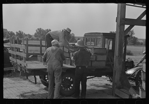 Untitled photo, possibly related to: Workers at pea vinery talking, near Sun Prairie, Wisconsin