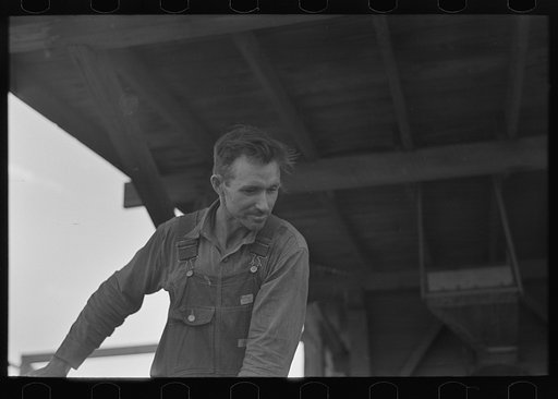 Untitled photo, possibly related to: Workers at pea vinery talking, near Sun Prairie, Wisconsin