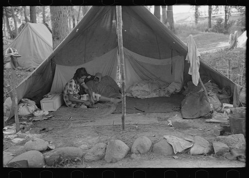 Interior of blueberry pickers' tent, near Little Fork, Minnesota