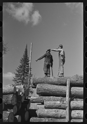 Lumberjacks on carload of timber, near Effie, Minnesota