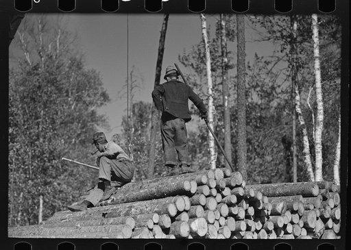 Untitled photo, possibly related to: Loaders pushing logs into place while loading car, lumbercamp near Effie, Minnesota