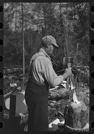 Untitled photo, possibly related to: Using the broadaxe to make wedges, at camp near Effie, Minnesota