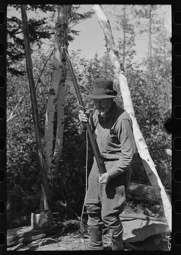 William Besson shaking his iron drill to dislodge particles of structure from the bottom of it near Winton, Minnesota