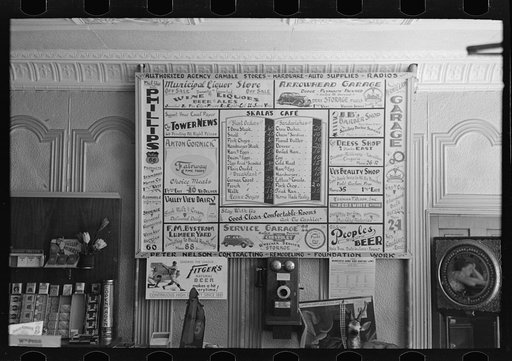 Bill of fare, advertising board and goods in restaurant, Tower, Minnesota