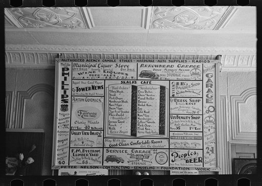 Bill of fare, advertising board and goods in restaurant, Tower, Minnesota