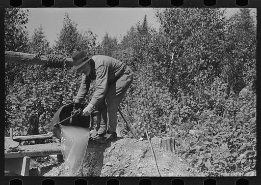 William Besson dumping water from shaft near Winton, Minnesota