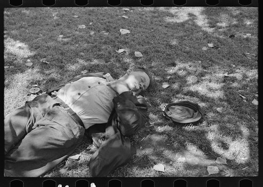 Untitled photo, possibly related to: Transient laborer asleep in park, Gateway District, Minneapolis, Minnesota