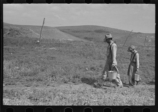 William Huravitch and son, carrying water to their home; the source is about a half mile away. Williams County, North Dakota
