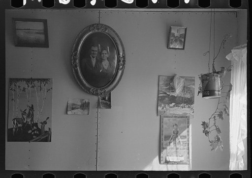 Decorations in cut-over farmhouse, near Northome, Minnesota